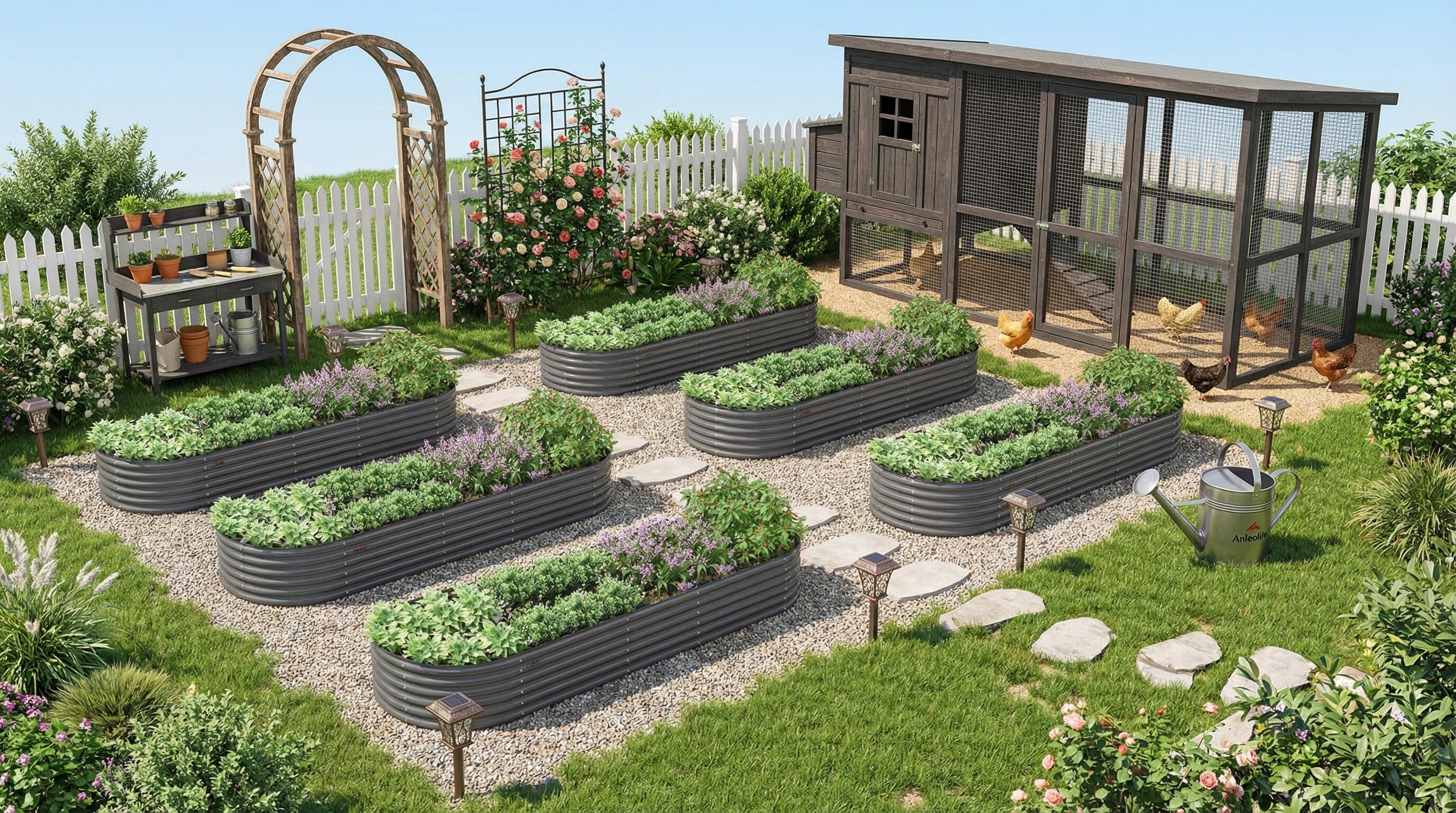 A beautiful backyard garden featuring raised metal beds, a wooden chicken coop, and decorative pathway lights at golden hour A beautiful backyard garden featuring raised metal beds, a wooden chicken coop, and decorative pathway lights at golden hour