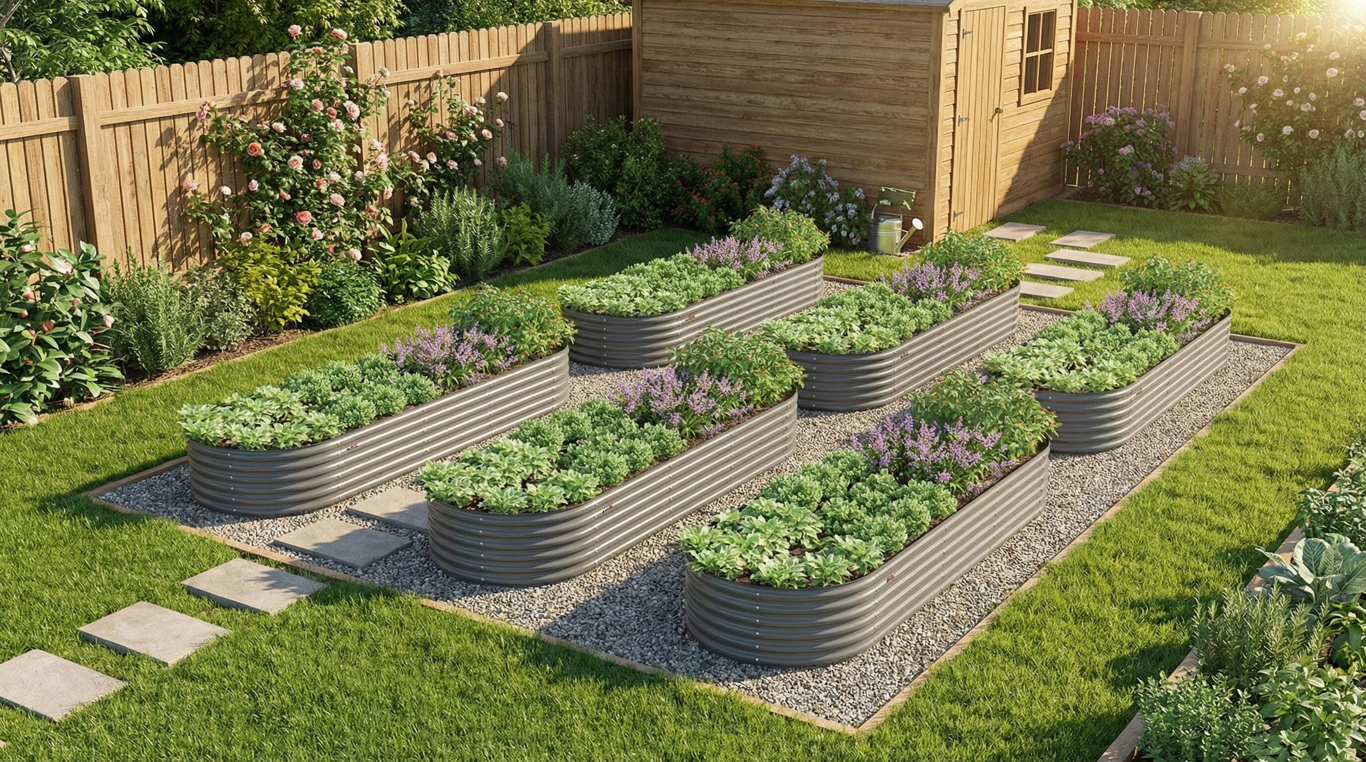 Anleolife metal raised garden bed installed in a sunny suburban backyard with lush vegetable growth Anleolife metal raised garden bed installed in a sunny suburban backyard with lush vegetable growth