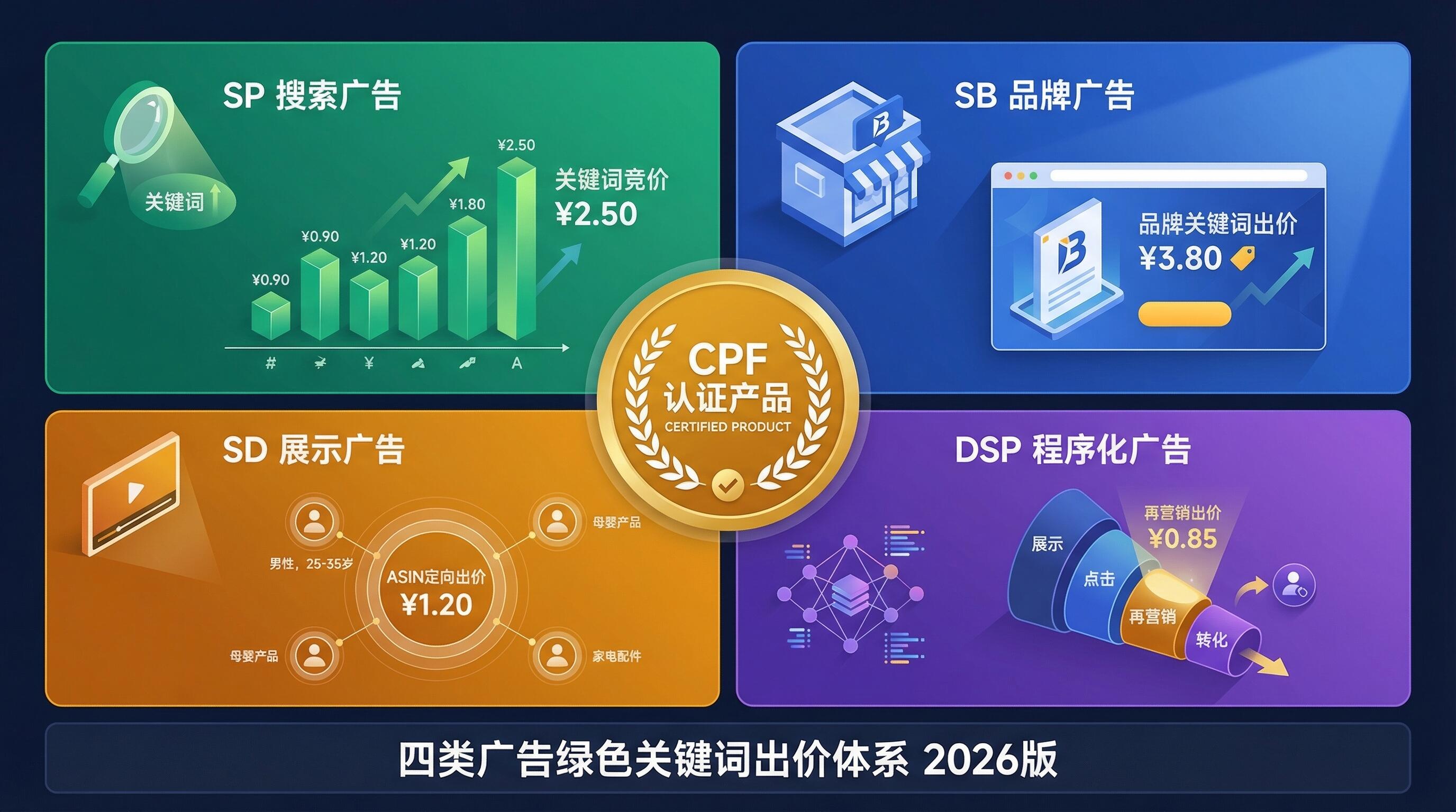 CPF认证产品广告投放策略：SP/SB/SD/DSP绿色关键词出价体系