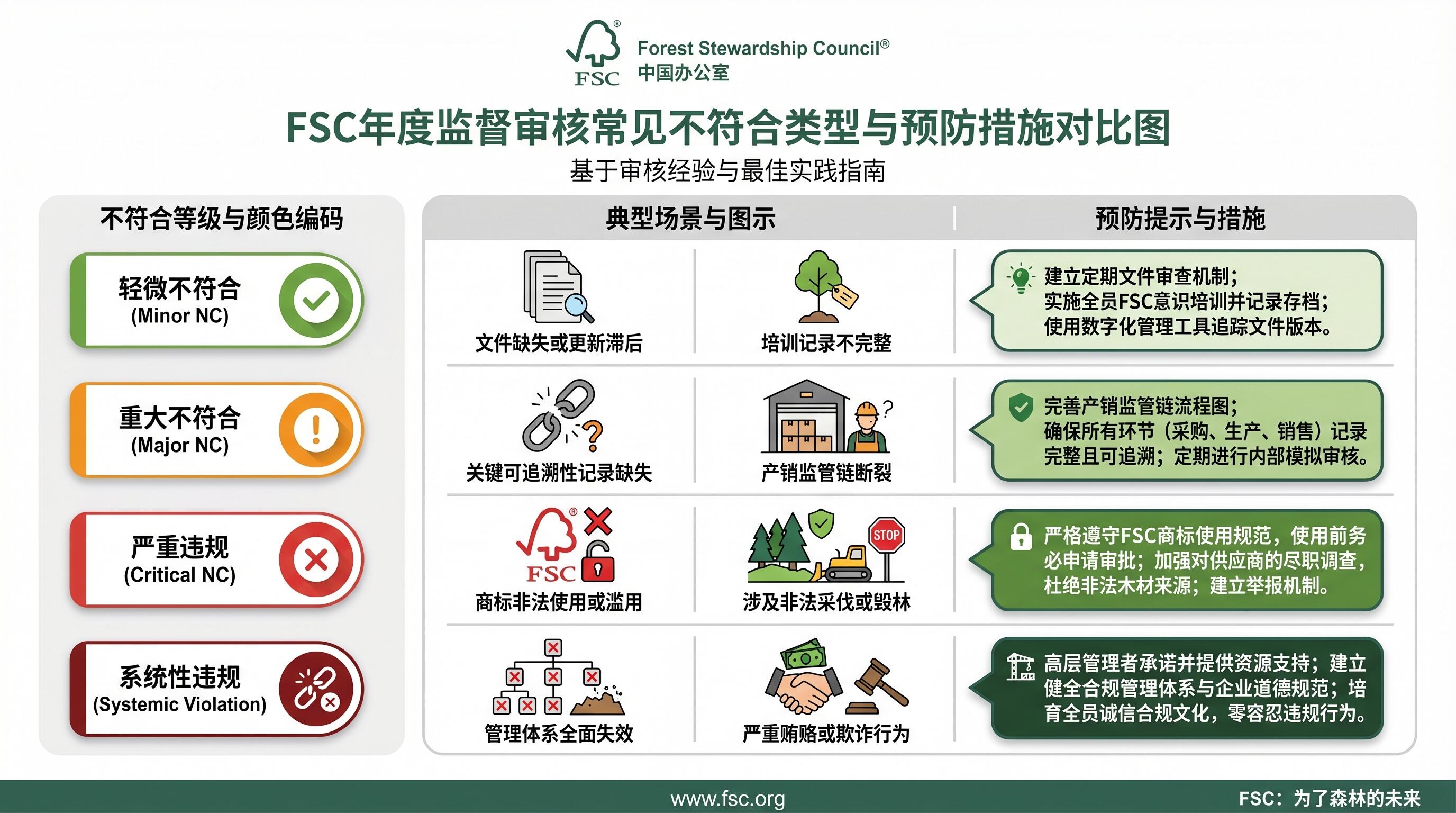 FSC监督审核常见不符合项类型与预防措施对照图