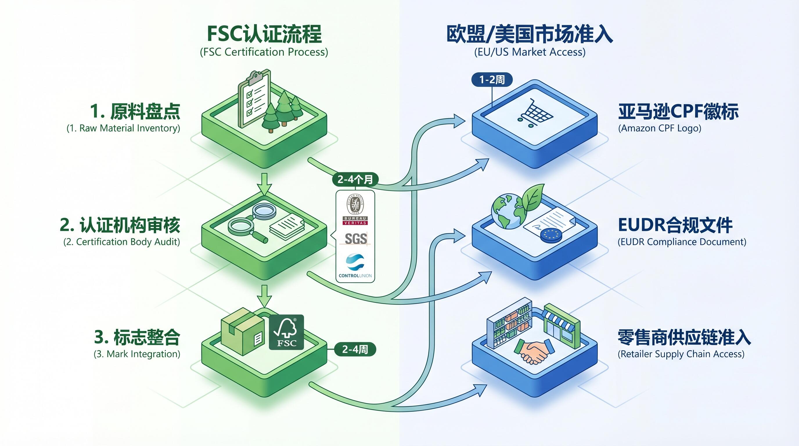 FSC认证流程与欧美市场准入路径示意图