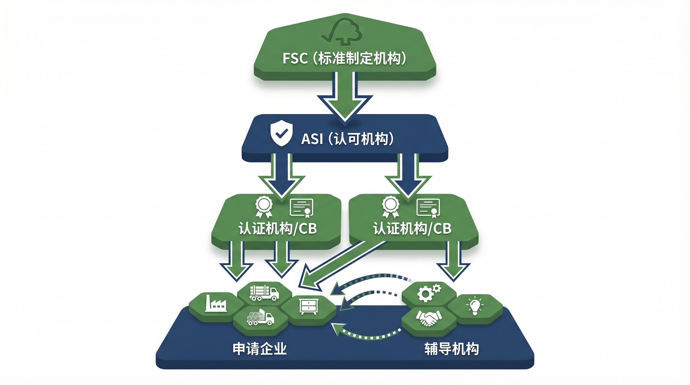 FSC认证体系架构：FSC标准制定、CB审核、ASI认可三层关系示意图