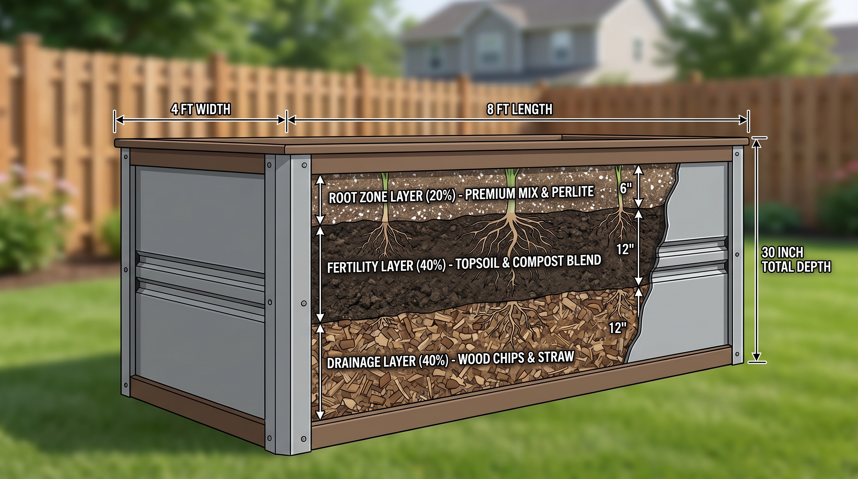 Cross-section diagram of a 4x8 raised bed showing three soil layers — wood chips, compost-topsoil mix, and premium root zone blend