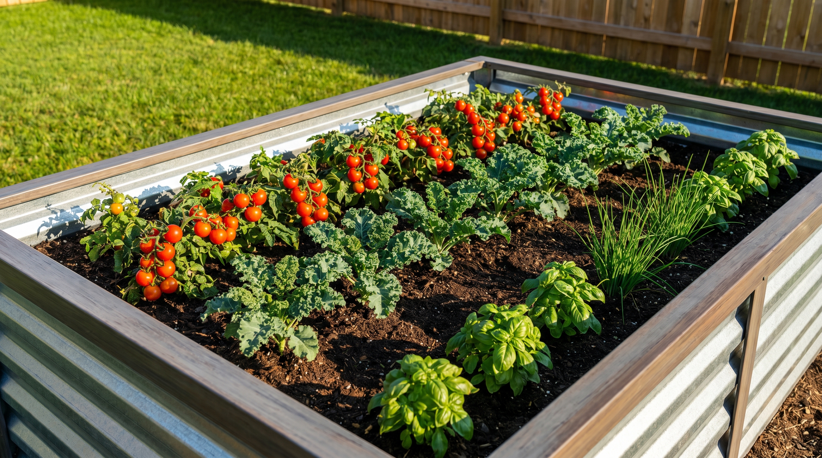 Raised bed vegetable garden in summer with tomatoes, kale, and herbs growing in neat rows Raised bed vegetable garden in summer with tomatoes, kale, and herbs growing in neat rows