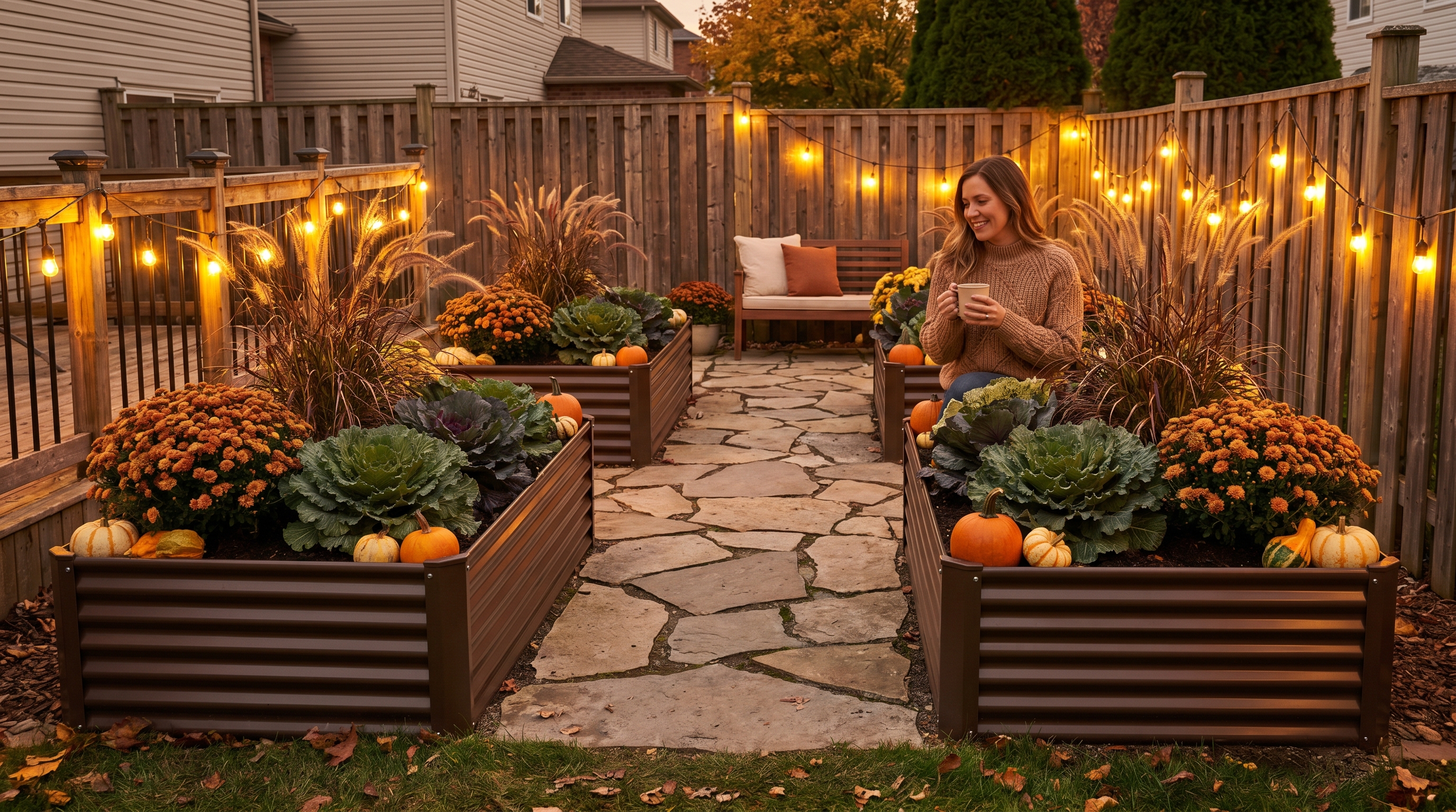 A galvanized steel raised bed garden styled with seasonal fall décor, pathway stones, and warm string lights for a welcoming autumn atmosphere