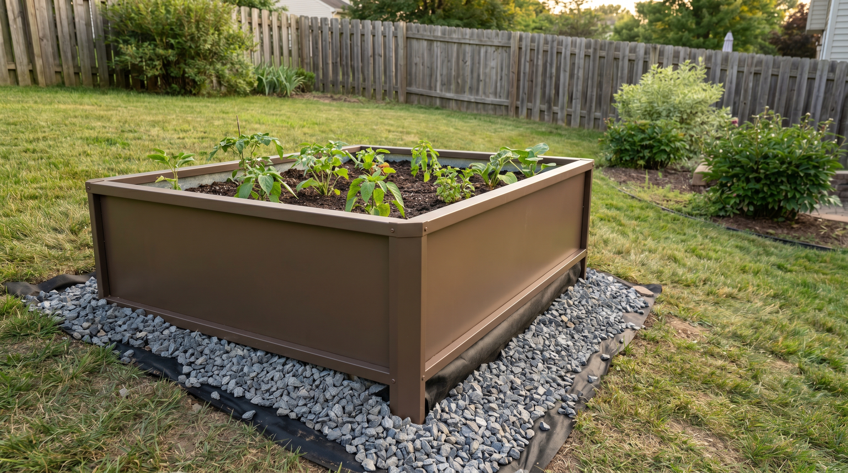 Raised metal garden bed installed level on a sloped backyard with gravel base and landscape fabric visible