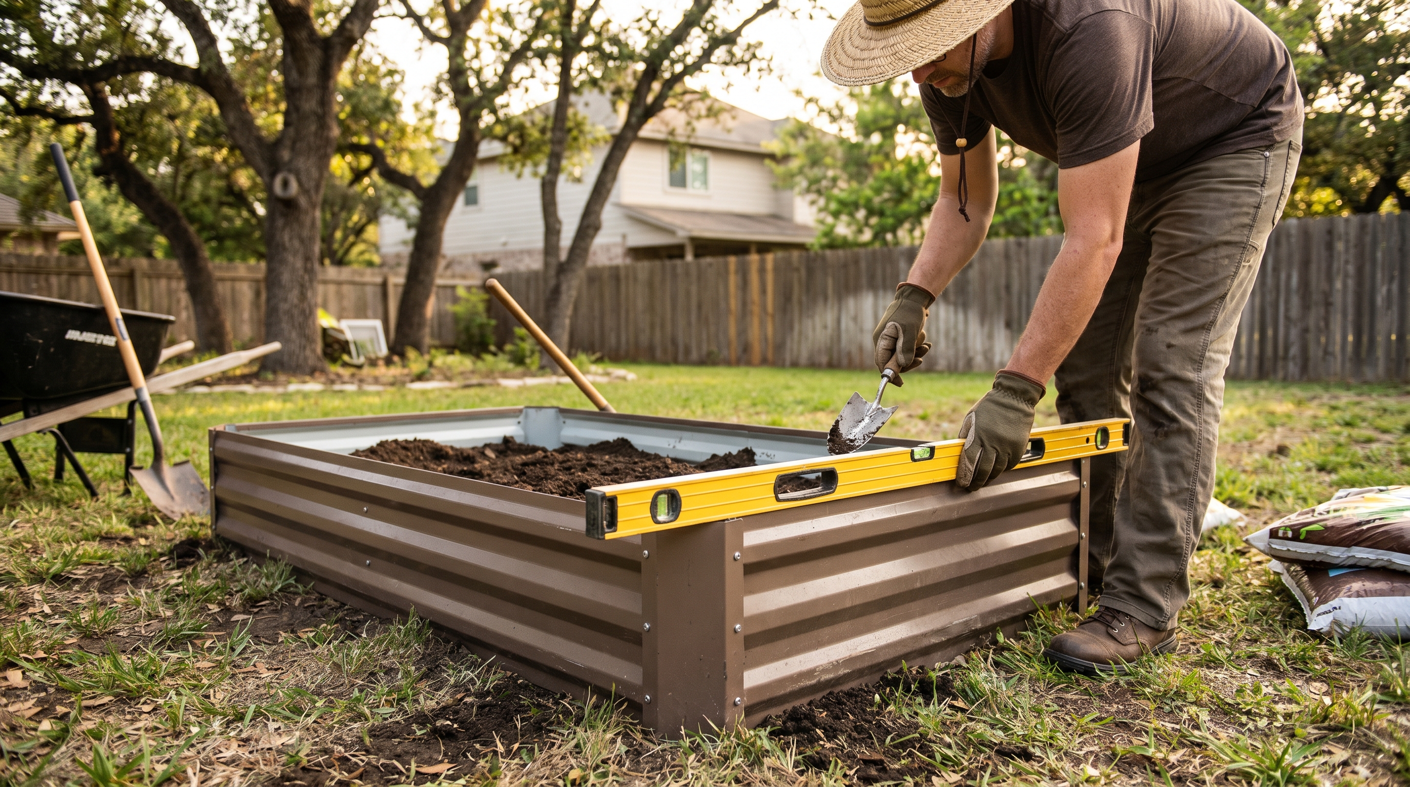 A gardener leveling a raised garden bed on a sloped backyard with tools and soil visible