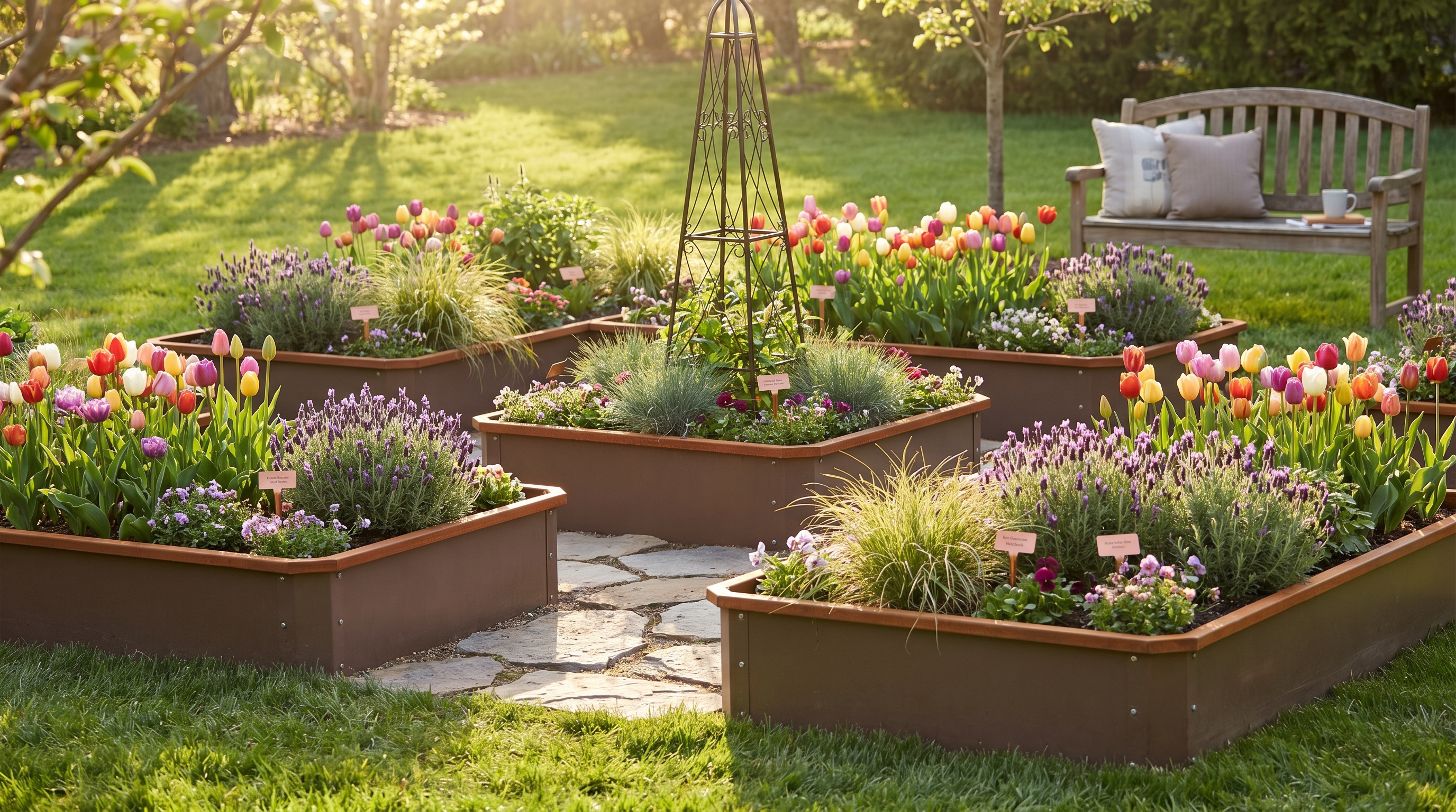 A beautifully styled raised bed garden decorated with seasonal accessories, pathway stones, and blooming flowers for year-round curb appeal