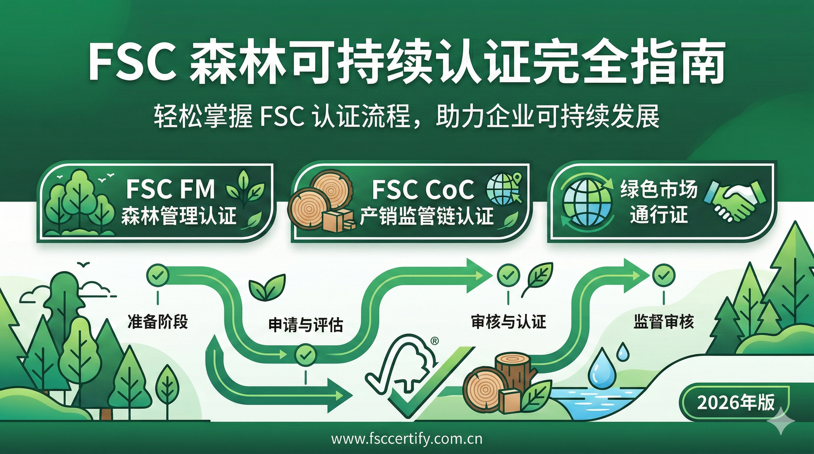 FSC 认证完整操作指南封面图,涵盖供应商选择、CoC 链条、认证机构、费用预算与 Amazon CPF 徽章申请全流程(2026 版) FSC 认证完整操作指南封面图,涵盖供应商选择、CoC 链条、认证机构、费用预算与 Amazon CPF 徽章申请全流程(2026 版)