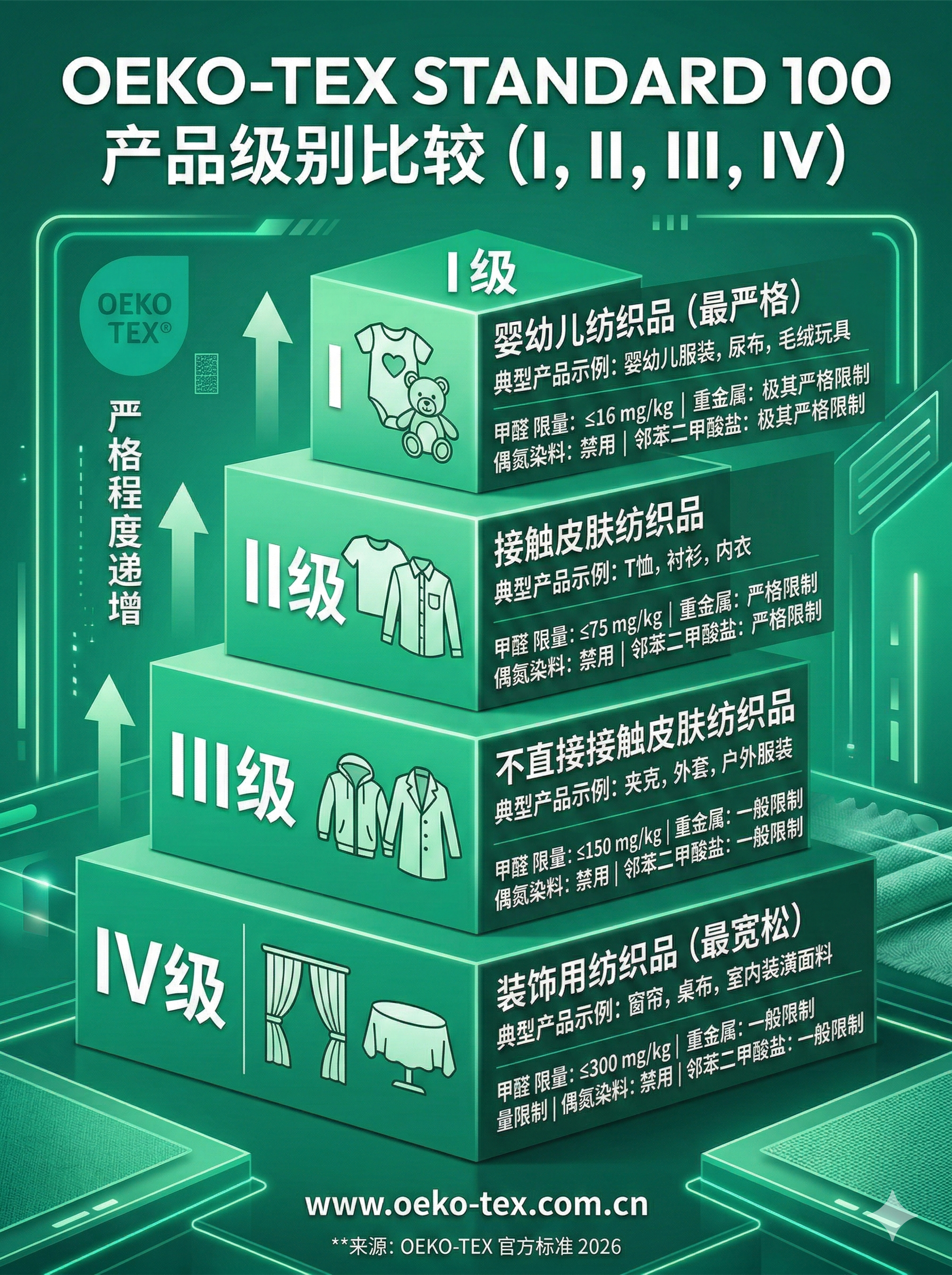 OEKO-TEX STANDARD 100 产品级别对照图，展示 4 个产品级别（婴幼儿用品、直接接触皮肤、非直接接触、装饰材料）与有害物质限量标准差异（2026 版）